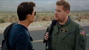 James Corden's Top Gun Training with Tom Cruise's poster